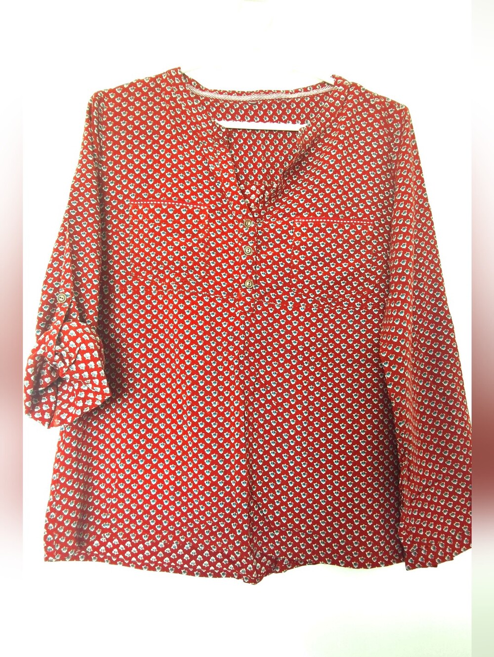 Terracotta Printed Blouse – Button Front – Long Sleeve – Size M